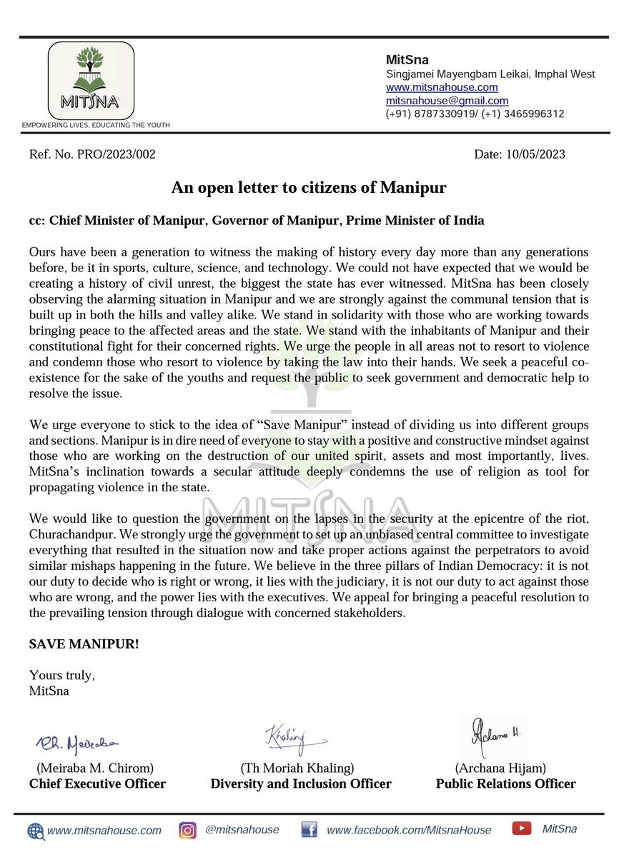 mitsna_org's tweet photo. Dear citizens of Manipur,

SAVE MANIPUR!

#stopviolence #meiteikukicommunity
#stopethnicviolence
#prayforpeace
#peaceforhillsvalley
#peaceforall
#stopmeiteihate
#ethnicpeace
#peacenoviolence
#savemanipur https://t.co/drdMNxWjqf