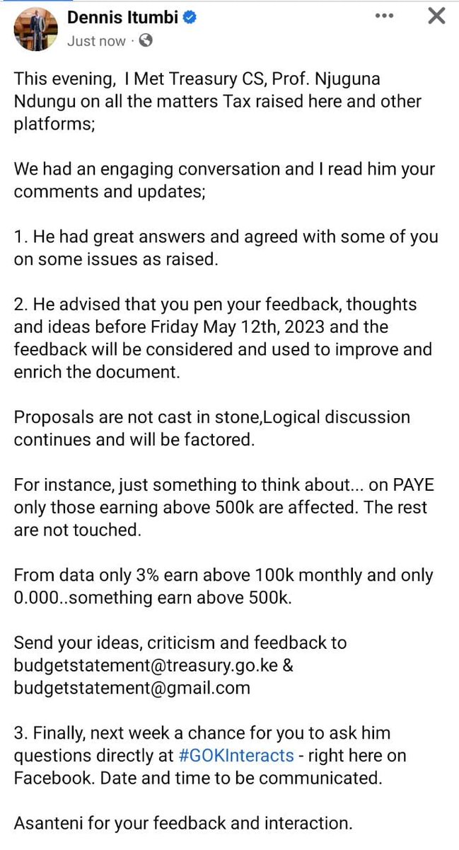 This evening, I met @KeTreasury CS, Prof. Njuguna Ndungu on all the matters Tax raised here and other platforms; I read him your comments and updates; 1. He had great answers and agreed with some of you on some issues as raised. 2. He advised that you pen your feedback & and