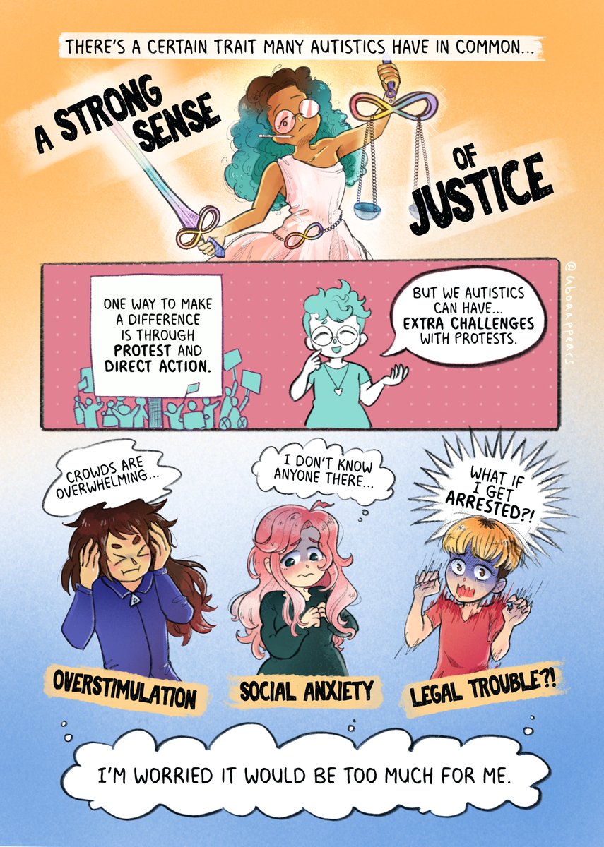 In true neurodivergent fashion I am late, but I present to you the thing I've been working super hard on...

This comic about going to protests as an autistic person for #AutisticComicTakeover!

(1/5)

Alt text for the whole comic here: pastebin.com/XeX4ftgA

#AutismAcceptance
