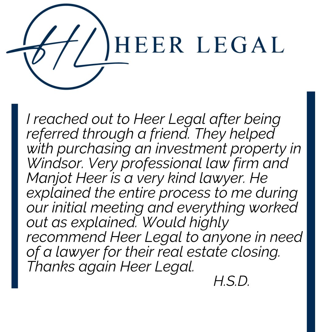 We firmly believe in representing our clients with transparency and integrity. During your initial meeting with Heer Legal, you will receive a comprehensive breakdown of all costs associated with your real estate transaction. 

📞905-215-1886
📧info@heerlegal.com

#HeerLegal