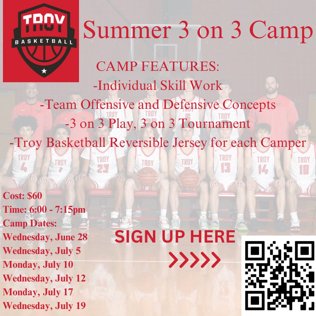 In addition to our regular camp, we will also be offering a summer 3 on 3 league. Another option to enhance your game and an elite opportunity to sharpen your skills. The future of Troy basketball starts here!