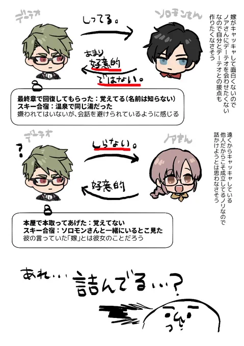 @PixivF_TL デーテオ先生がソロモンさんとノアさんについてどこまで把握しているのかわからなくなってきたから整理してたんだけど、この人たち…これ以上の進展見込めなさそう!と気づいた(仲良くならない方が健全ではある)