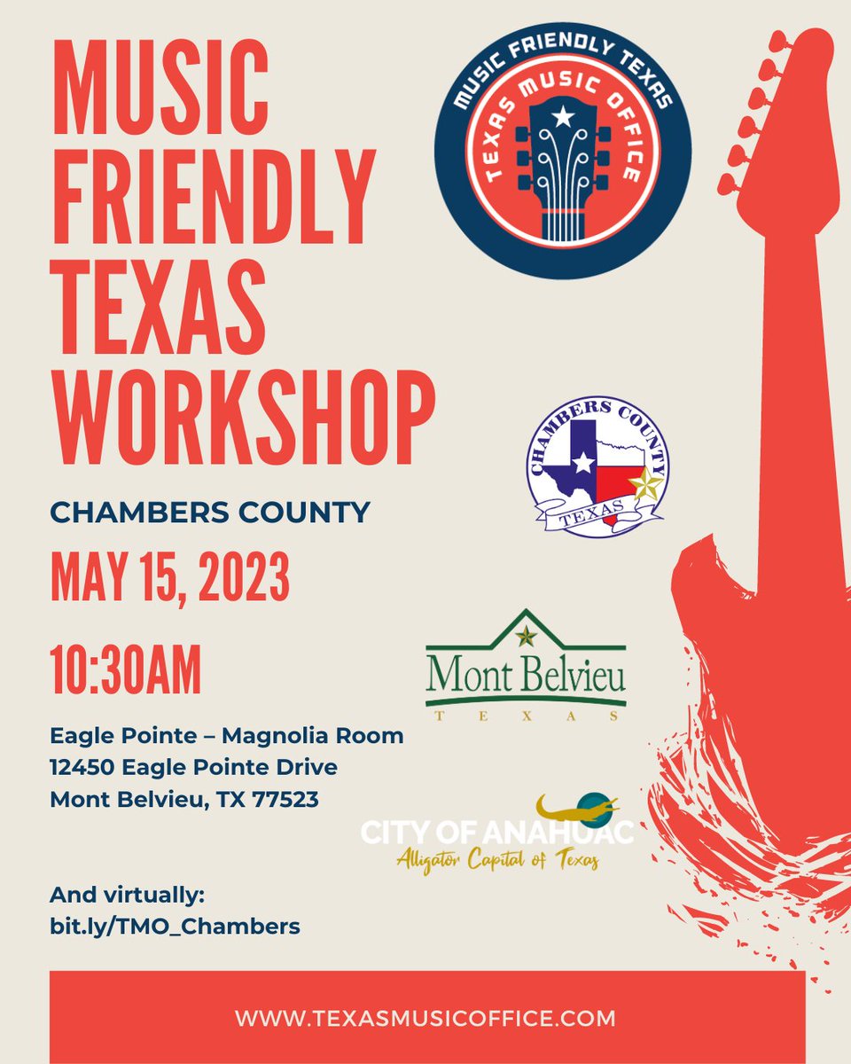 txmusicoffice's tweet photo. Join the Texas Music Office (TMO), @chambers_county, The City of Anahuac, and the City of Mont Belvieu, on Monday, May 15th at 10:30AM, for a Music Friendly Texas Workshop.
#MusicFriendlyTexas #ChambersCountyTX #MontBelvieuTX #AnahuacTX https://t.co/jfNKsHxIVe