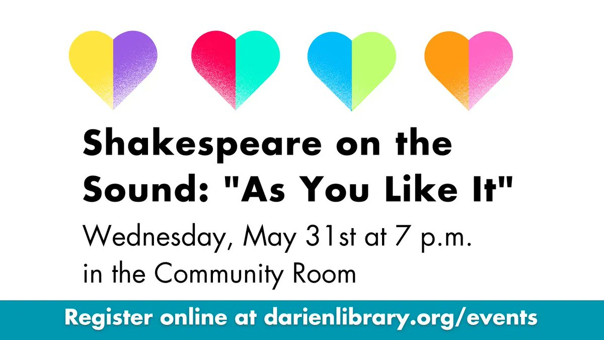 darienlibrary's tweet photo. Are you excited for this year's @shakesonsound?  Get a primer of this summer's production with actor Nick Urda and Shakespeare teacher John Love.

Explore Shakespeare's interesting romantic comedy at Darien Library on Wednesday, May 31st at 7 p.m. ET: https://t.co/tIBeesHfgV https://t.co/Z3JNwoE6Zz
