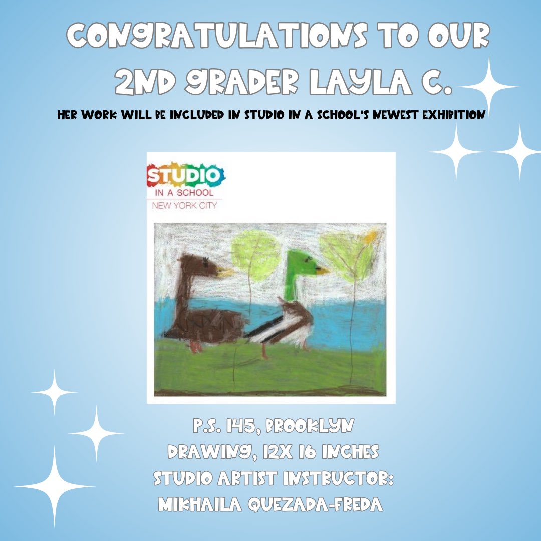 ps145k's tweet photo. Congratulations to our 2nd grader Layla C! Her work was chosen for the newest @studioinaschool exhibition! #studioinaschool #ps145k #studentart #artexhibit #artist #artinschools #nycdoe #magnetschool #nycschool #brooklynschool https://t.co/eqovnsyCEt