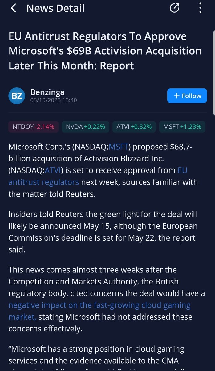 $ATVI Microsoft buyout getting approved in EU.