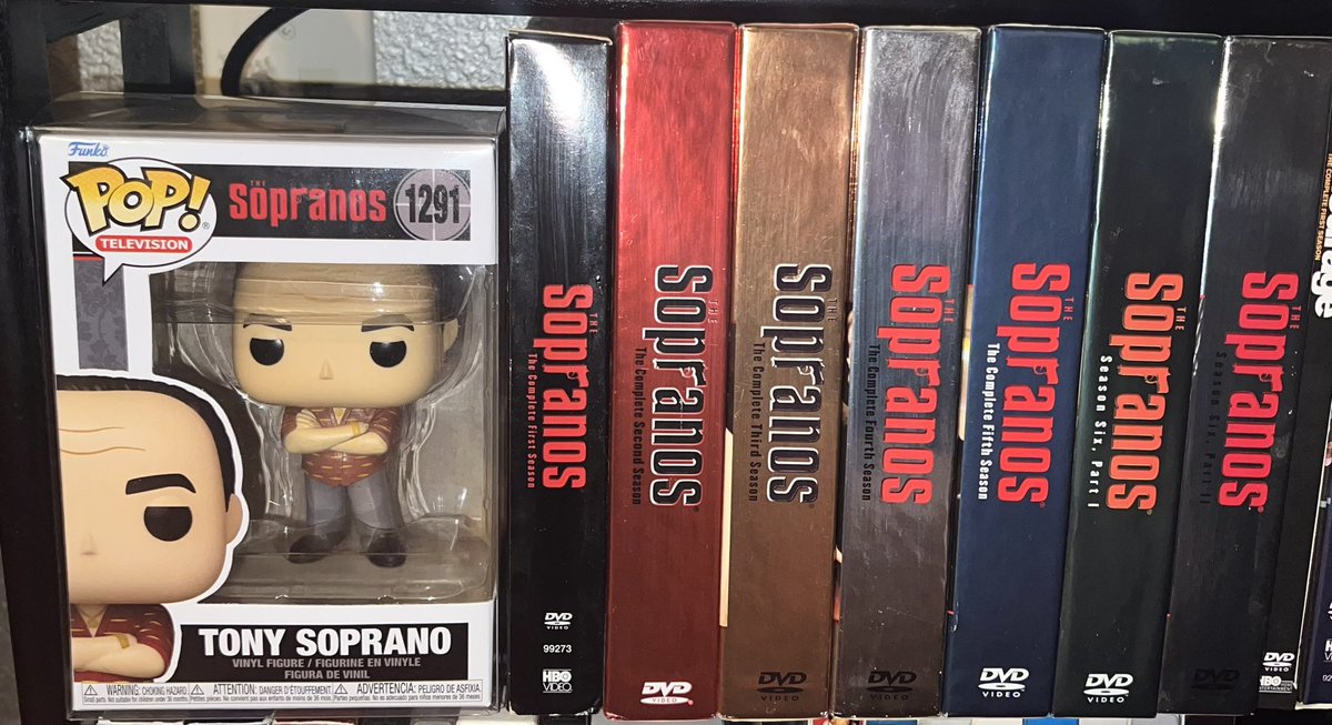 Anyone else display their Pops with movies? Had to add Tony to my collection! #thesopranos #tonysoprano #jamesgandolfini #hbo #funko #funkopop #funkofamily #mafia #dvdcollection