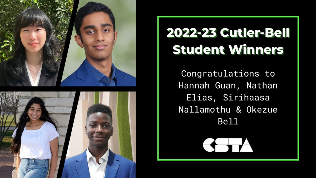 CS Teachers Association (CSTA) (@csteachersorg) on Twitter photo .<a href="/TheOfficialACM/">Association for Computing Machinery</a> and CSTA are proud to announce this year's winners of the Cutler-Bell Prize in High School Computing!
If you’re interested in learning more about the next generation of computer scientists, read the announcement here: ow.ly/cC9c50OkyBH .<a href="/TheOfficialACM/">Association for Computing Machinery</a> and CSTA are proud to announce this year's winners of the Cutler-Bell Prize in High School Computing!
If you’re interested in learning more about the next generation of computer scientists, read the announcement here: ow.ly/cC9c50OkyBH
