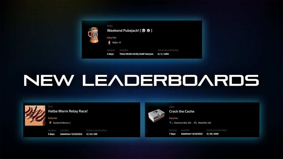 Million on Mars® (@milliononmars) on Twitter photo Three brand new player-created leaderboards are here.
🪱 Halba Worm Relay Race! Take your motivated worms to victory!
🎁 Crack the Cache! Donate Keyjammers and parts to earn yourself a lockbox!
🎉 Weekend Happy Hour! Pukejack is Back!
Learn More -> 
docs.milliononmars.com/playerguide/me… Three brand new player-created leaderboards are here.
🪱 Halba Worm Relay Race! Take your motivated worms to victory!
🎁 Crack the Cache! Donate Keyjammers and parts to earn yourself a lockbox!
🎉 Weekend Happy Hour! Pukejack is Back!
Learn More -> 
docs.milliononmars.com/playerguide/me…