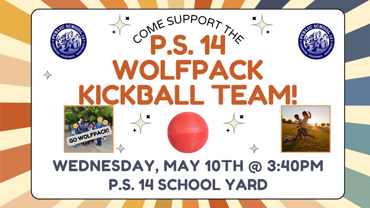 Our very own P.S. 14 Wolfpack Kickball Team will be playing today in our school yard! Come show your support and cheer them on! Game starts at 3:40pm. Enter through Crosby Avenue gate. @ps14bronx @D8Connect @FLCDIST8 @CECD8Bronx
