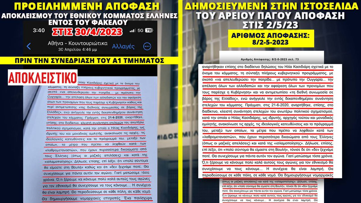Τα ντοκουμέντα της ντροπής για τον παράνομο αποκλεισμό του Εθνικού Κόμματος ΕΛΛΗΝΕΣ!
Η απόφαση είχε γραφτεί πολύ πριν την συνεδρίαση του Α1 του Αρείου Πάγου και την ξέχασαν μέσα στον φάκελο της δικογραφίας! Η συνέχεια στο Α.Ε.Δ. και το Ευρωπαϊκό Δικαστήριο.