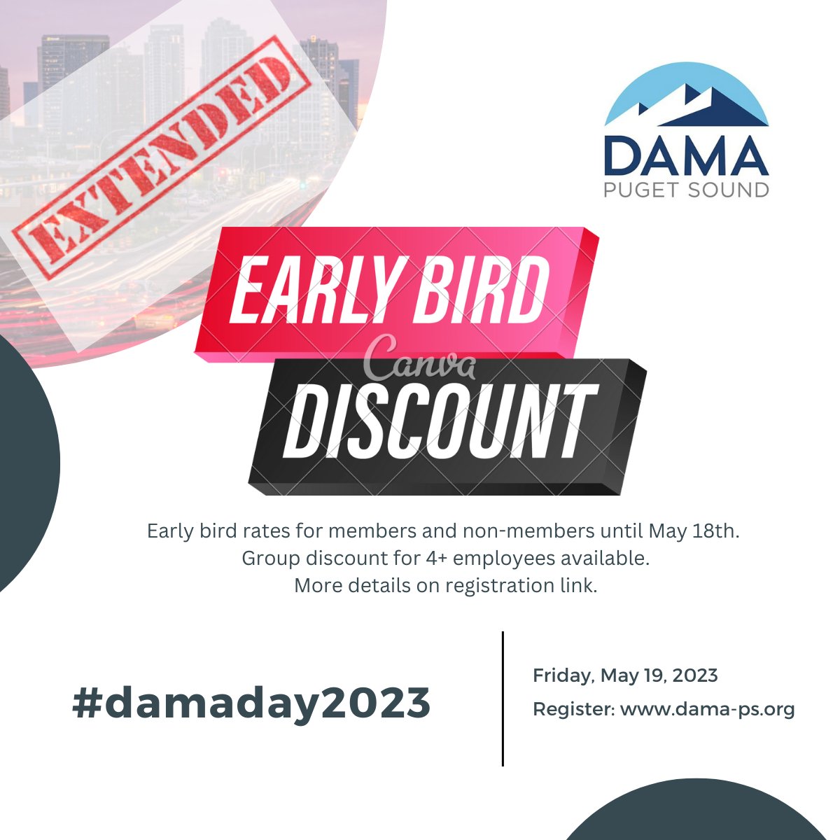 DAMAPugetSound's tweet image. Great news! We have extended the early bird pricing until a day before the event.

DAMA Day - Trends in Data Architecture is taking place on Friday, May 19th. Check out dama-ps.org to view event details and register.

#datamanagement #dataanalyics #data #damaday2023