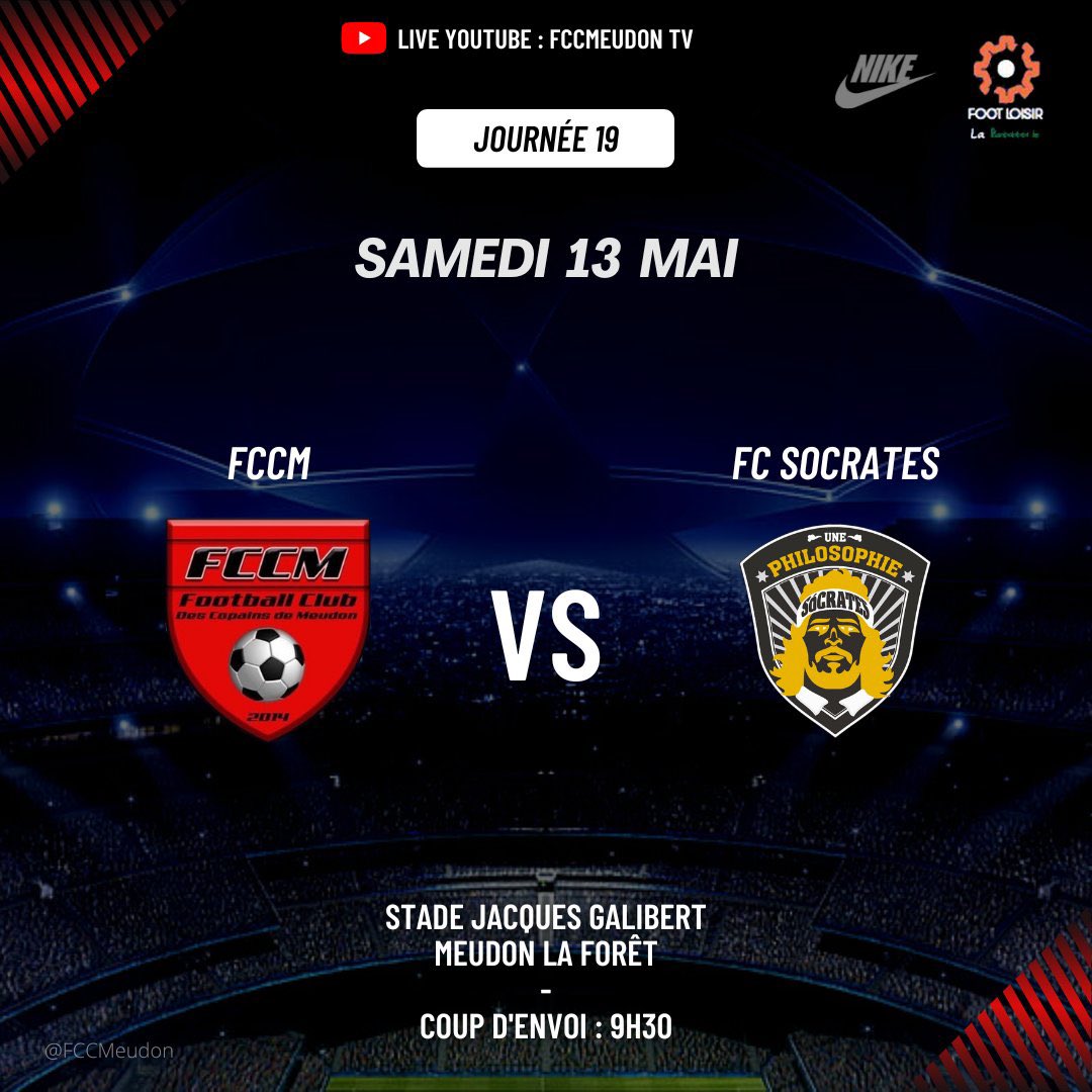 ESMeudon's tweet photo. ‼️ JOURNÉE 1️⃣9️⃣ ‼️

Avant dernier match du championnat. 

⚫️🔴 @FCCMeudon 🆚 #FCSocrates 

Score match aller : #FCS 2️⃣ - 3️⃣ #FCCM https://t.co/TZVQoasI52