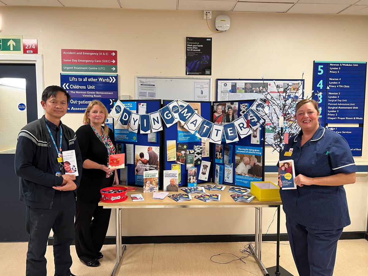 SWBHnhs's tweet photo. This week is #DyingMattersAwarenessWeek &amp; our palliative care team are at Sandwell Hospital tomorrow 11.30am-1.30pm &amp; at City Hospital on Friday 11.30am-1.30pm to offer support to patients, visitors and staff. 
#DMAW23 
@NHSinBlkCountry @SwbConnectedPC https://t.co/F92dqCkZTC