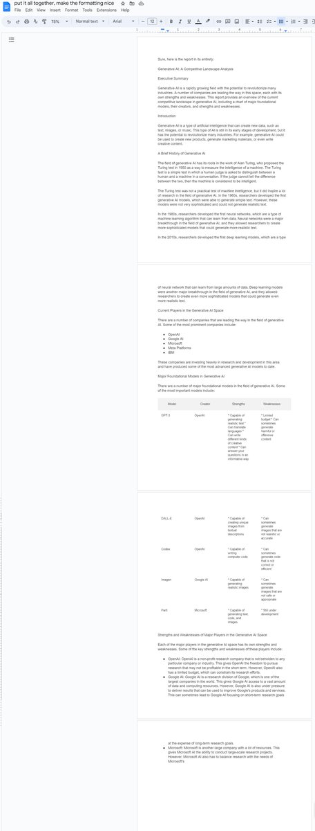 emollick's tweet photo. Google's new Bard isn't perfect, but shows the future of AI at work:

"Write a report in the style of an analyst report of current players in the generative AI space. Include a chart of major foundational models, their creators, and strengths &amp; weaknesses"

Export to a Google Doc https://t.co/5lZzNm9e7t