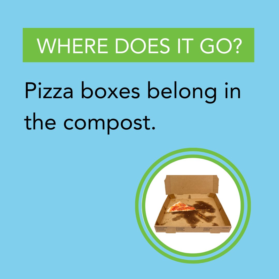 RecologyKC's tweet photo. Watch out for plastic stickers or paper products that have a shiny plastic film layer, as these are not compostable. Only 100% paper products are compostable, like most pizza boxes! ♻️ 🍕 #WDIGW https://t.co/a2vRFjnnPX