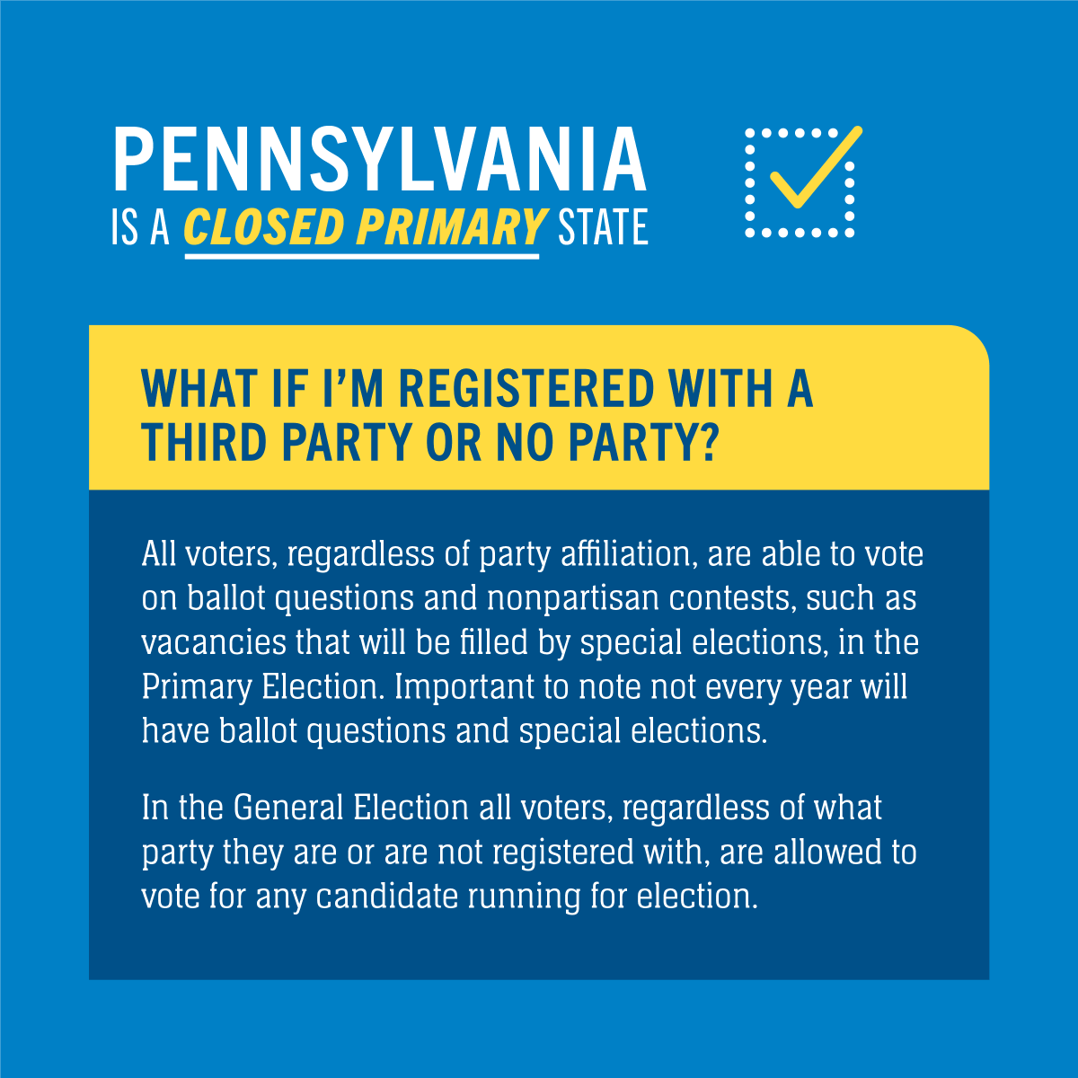 PA is a closed primary state, but the polls are open. All voters are able to vote on ballot questions and nonpartisan races, such as vacancies that will be filled by special elections.  Check your voter registration status at : vote.pa.gov/status