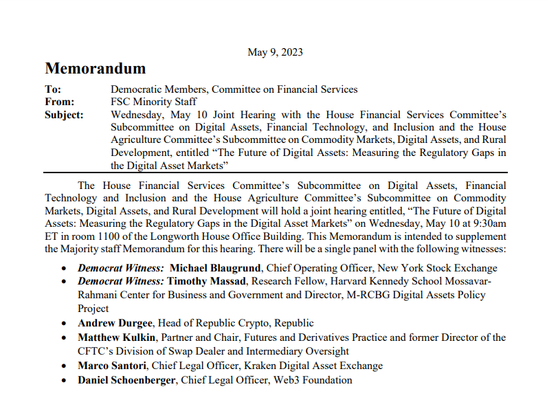 EleanorTerrett's tweet photo. 🚨SCOOP: Prior to today's @FinancialCmte/@HouseAgGOP hearing on digital asset regulation, a memo was circulated among Democrat Committee members. 

It contained "key messages" for the @FSCDems to stick to including supporting the @SECGov's total authority over crypto regulation, its assertion that nearly all cryptos constitute securities, and that crypto's problem isn't ambiguity, it's mass non-compliance.  

The messaging also asserts that Committee Republicans who are looking to cut the budgets of financial regulators are not actually serious about protecting investors and should, instead, focus on passing a clean debt ceiling bill, not on pro-crypto legislation.