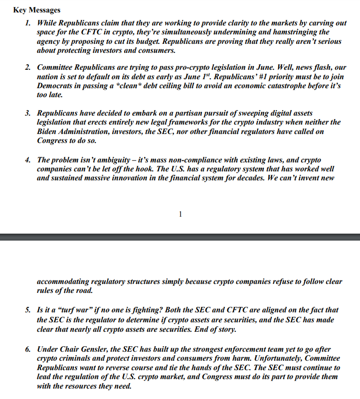 🚨SCOOP: Prior to today's <a href="/FinancialCmte/">Financial Services GOP</a>/<a href="/HouseAgGOP/">House Committee on Agriculture</a> hearing on digital asset regulation, a memo was circulated among Democrat Committee members. 

It contained "key messages" for the <a href="/FSCDems/">FSC</a> to stick to including supporting the <a href="/SECGov/">U.S. Securities and Exchange Commission</a>'s total authority over crypto regulation,