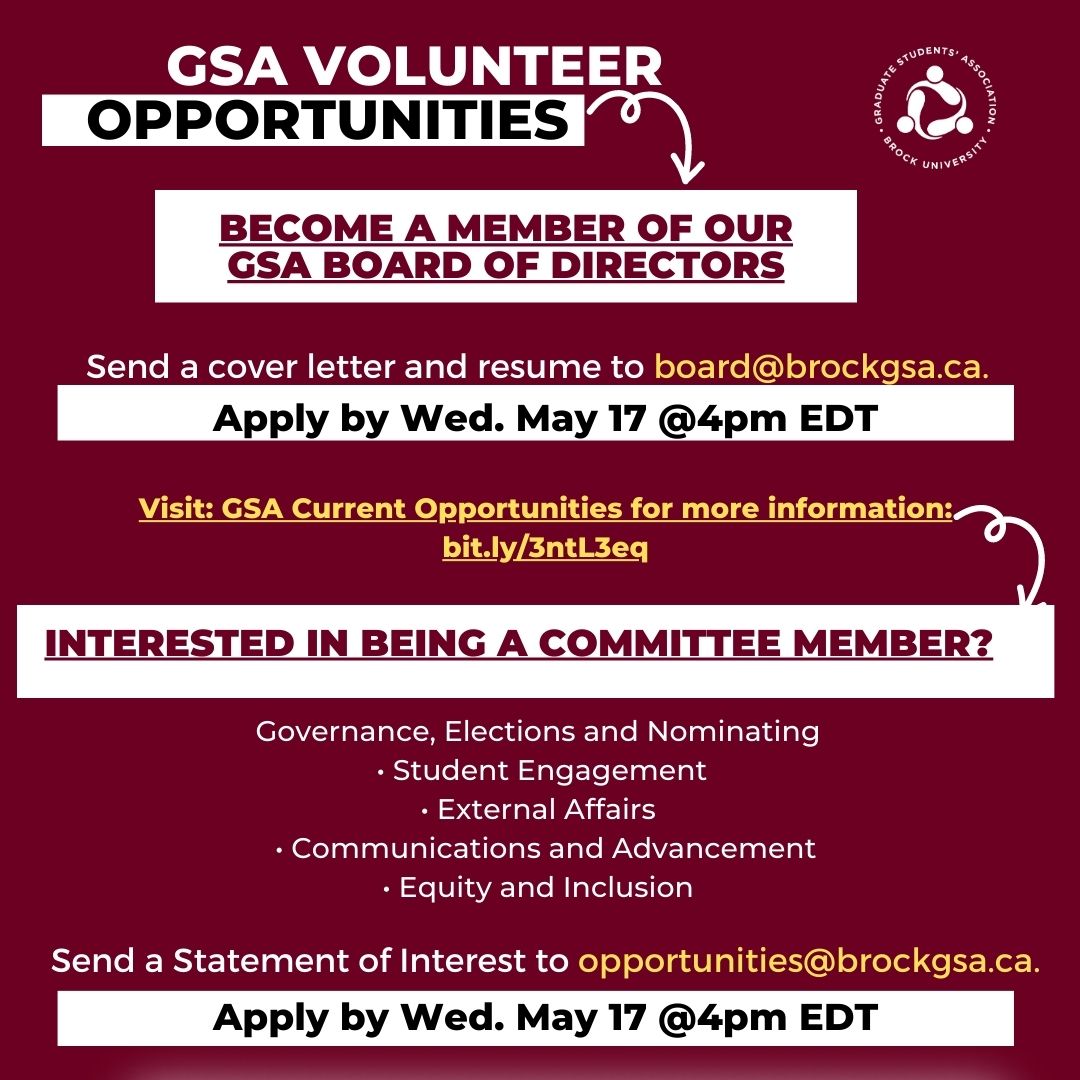 1 week remaining; Volunteer opportunities to join GSA Board of Directors or one of our internal committees. Make a difference, share your ideas and work collaboratively with amazing Grad Students