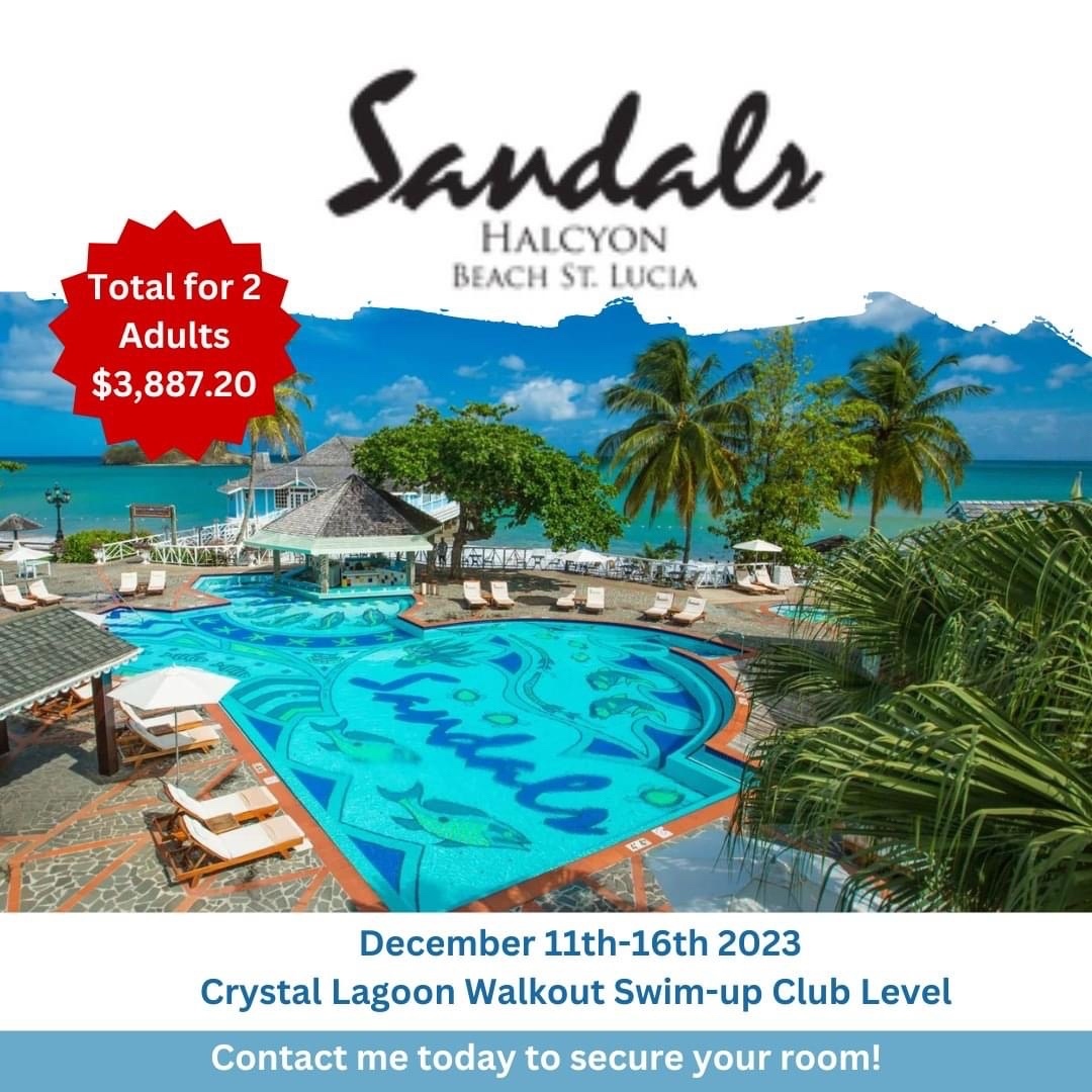 Limited Time Offer! Hurry and book your dream escape to Sandals Halcyon Beach St. Lucia before it's too late! Contact me! Offer Ends 5/16/2023 11pm CST
#WrightsMagicalTravels #TravelPlanner #TravelAgent #SandalsResorts #SandalsHalcyonBeach #StLucia #WhereFantasyHappens