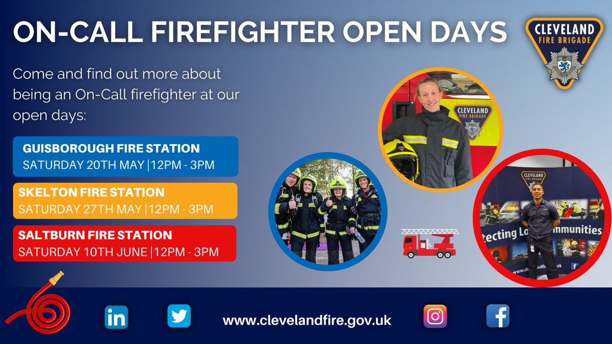 ClevelandFB's tweet photo. 👨‍🚒 Could YOU be one of our next On-Call Firefighters! 

Discover what it takes at one of our upcoming ‘Have a Go Days’!

🚒 Guisborough Fire Station | 20th May | 12 noon – 3pm
🔥 Skelton Fire Station | 27th May | 12 noon – 3pm
🧯 Saltburn Fire Station | 10th June | 12 noon– 3 pm https://t.co/teVUo0aMPU