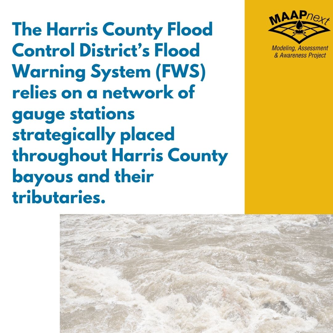 The Harris County Flood   Control District’s Flood Warning System (FWS) relies on a network of gauge stations strategically placed throughout Harris County bayous and their tributaries.
Check it out at //www.harriscountyfws.org/