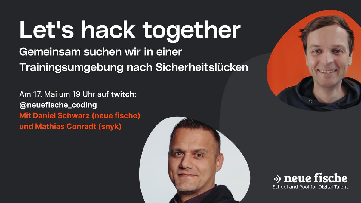 Let's hack together 💻 🐠 🐕
Gemeinsam suchen wir in einer Trainingsumgebung nach Sicherheitslücken.
twitch.tv/neuefische_cod…
#neuefische #ctf #snyk #hackthebox #appsec #coding #cybersecurity