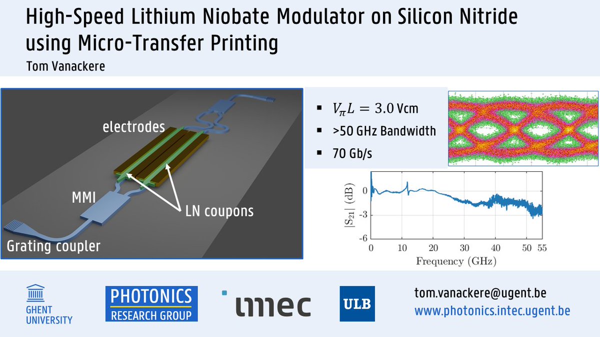 Tom Vanackere (@tomvanackere) on Twitter photo Thrilled to be presenting my work at <a href="/CLEOconference/">CLEO Conference</a> Thursday at 8 a.m.!
In a collaboration between <a href="/PhotonicsUGent/">Photonics UGent</a> and <a href="/IDLabResearch/">IDLab</a> we show a high-speed lithium niobate modulator on silicon nitride fabricated using micro-transfer printing!
tinyurl.com/TPingLNonSiN Thrilled to be presenting my work at <a href="/CLEOconference/">CLEO Conference</a> Thursday at 8 a.m.!
In a collaboration between <a href="/PhotonicsUGent/">Photonics UGent</a> and <a href="/IDLabResearch/">IDLab</a> we show a high-speed lithium niobate modulator on silicon nitride fabricated using micro-transfer printing!
tinyurl.com/TPingLNonSiN