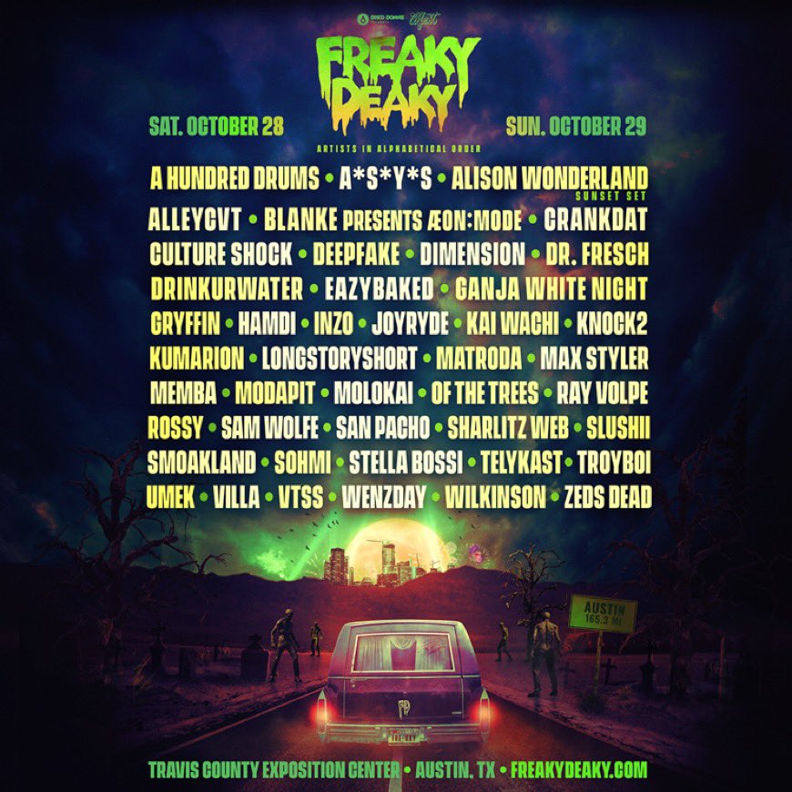 Freaky Deaky lineup is out guys 🤩and I will have hard copies again!! 
2-Day GA: $150 
2-Day VIP: $250 
Way cheaper then online 🥰

@FreakyDeakyFam @AIMTexas
