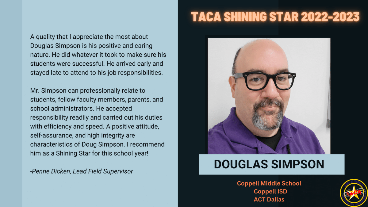 Want to see an example of a positive and caring teacher? Here is Douglas Simpson! Recognized as a Shining Star Intern. Thank you for joining the teaching profession. We appreciate you. #TeacherAppreciationWeek @Coppellisd
