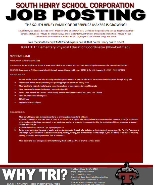 Our Titan family is growing! The South Henry School Corporation is currently seeking an Elementary Physical Education Coordinator (Non-Certified) for the 2023-24 school year. Please feel free to share this with those who may be interested.