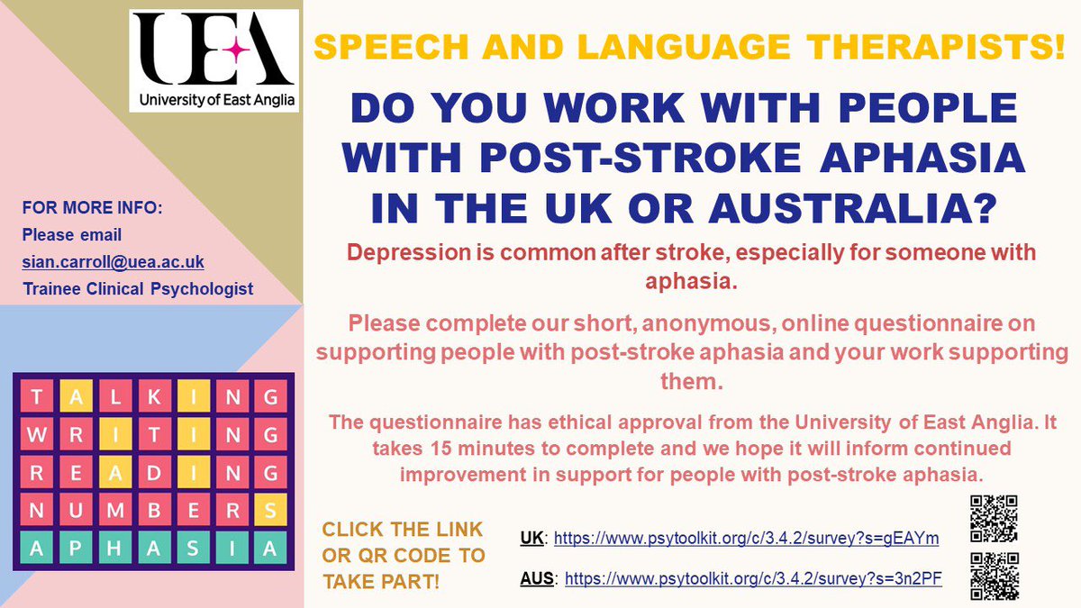 May is #StrokeAwarenessMonth and @TheStrokeAssoc are running a campaign on aphasia #LetsTalkAphasia. Such a valuable campaign to raise awareness of a complex consequence of stroke that impacts many people. 
If you’re a #SLT, you can help support aphasia mood screening & research!