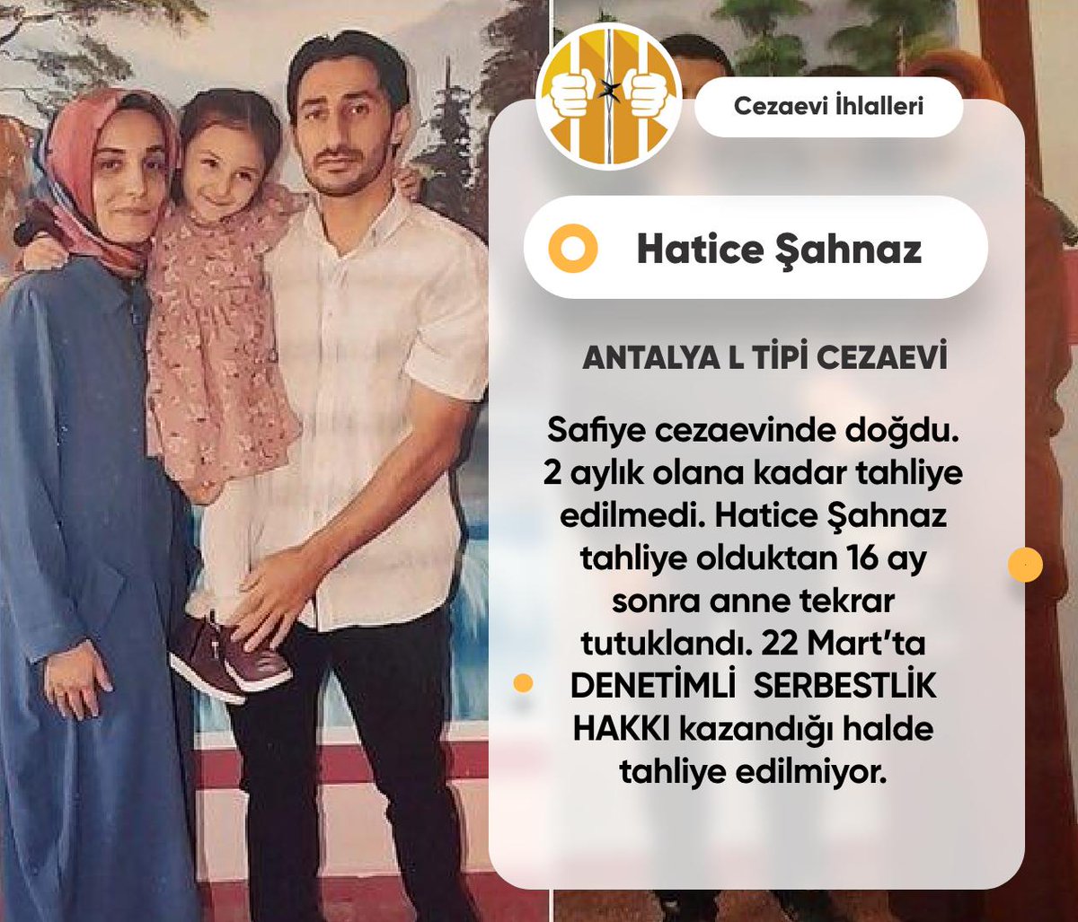 cezaeviihlaller's tweet photo. ÇOCUKLARI ÖZGÜR BIRAKIN

4 yaşındaki Safiye annesiyle beraber Antalya Cezaevi'nde tutuklu. Annesi Hatice Şahnaz, Aralık 2020’de yeniden tutuklandı. 22 Mart'ta denetimli serbestlik hakkı kazandığı halde tahliye edilmiyor. @ctekurumsal

Cem Küçük Tel Aviv
DenetimliHakkını Verin https://t.co/N1rk7IA2sx