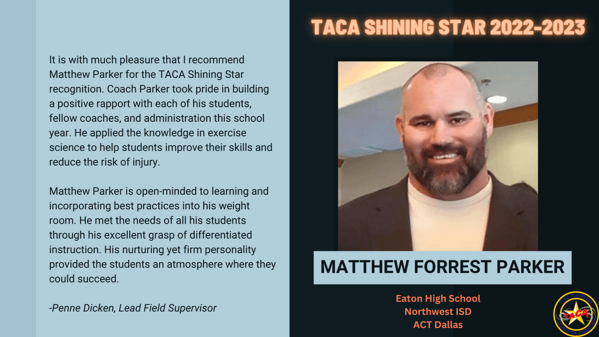 Kudos to Matthew Forrest Parker, a Shining Star Intern from ACT Dallas. Thank you for joining the teaching profession. We appreciate you. <a href="/NorthwestISD/">Northwest ISD</a> #TeacherAppreciationWeek 
Click here to read more about his work with his students texastaca.org/2023-taca-shin…