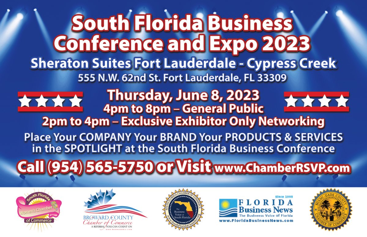 FloridaBizNews's tweet photo. South Florida Business Conference &amp; EXPO 2023

Put Your BUSINESS, Your BRAND, Your PRODUCTS &amp; SERVICES in the SPOTLIGHT at the 2023 South Florida Business Conference &amp; EXPO

Register with the Chamber of Commerce at https://t.co/ZiPT6SDRzN https://t.co/HXJquYXjQO