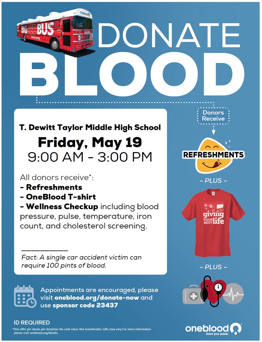 Last Blood Drive #oneblood of the Year #Bigredbus, Community and Taylor Alum Jessie Thompson Families welcomed. Bring a Friend!!!