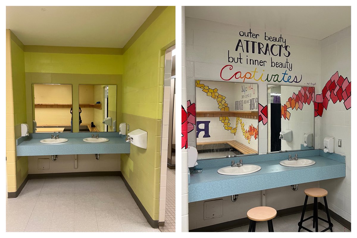 MmeBish's tweet photo. 1️⃣ change room, 6️⃣weeks, 9️⃣0️⃣➕@ldhrise78 girls and 1️⃣6️⃣ sharpies later we transformed a negative and drab change room into a welcoming and empowering space! #ravensdontruntheysoar @OCDSB https://t.co/RLOXjN4ZV5