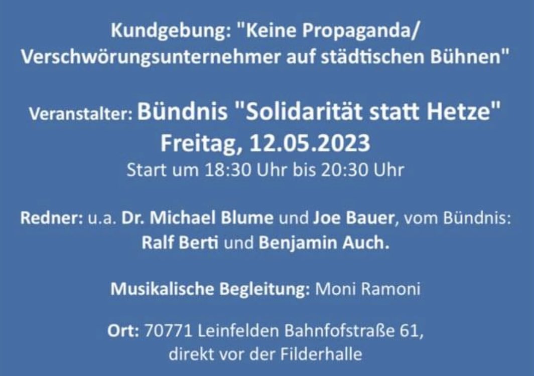 QReXRecherche's tweet photo. #SaveTheDate: Das Bündnis #SolidaritätStattHetze #Filder ruft am 12.5. zur Demo gegen den Auftritt des Verschwörungsunternehmers Daniele Ganser in Leinfelden auf. Mit Michael @BlumeEvolution &amp; @joebaue71944617.
Hintergrund siehe🧵&amp; Podium des Bündnisses:
👉https://t.co/IeVoYpU9XI https://t.co/vReScL37q0
