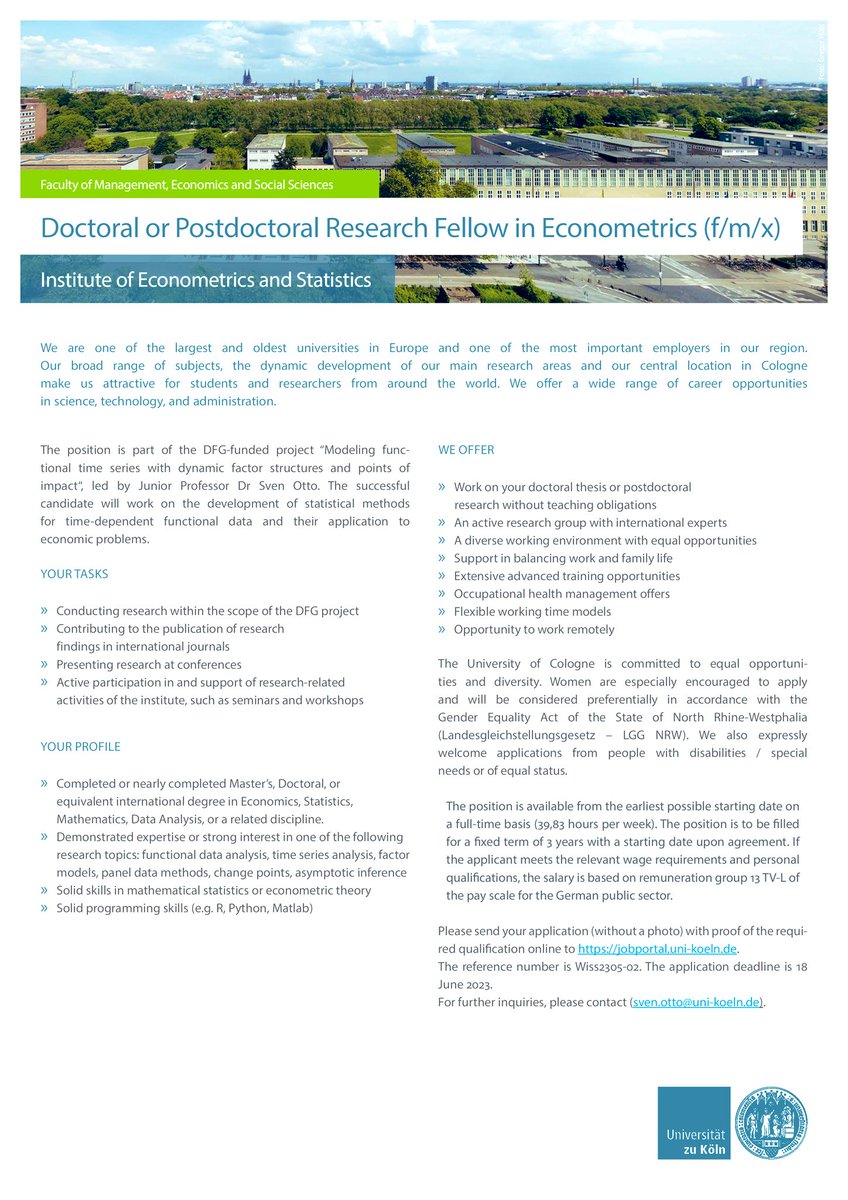oekonometer's tweet photo. Interested in research on functional data analysis and time series?

📢 Doctoral or Postdoctoral Position (100%, 3 years) in Econometrics/Statistics
@WiSoUniCologne
@UniCologne

#EconTwitter #statstwitter #RStats #econometrics

🗓️deadline: June 18
ℹ️ https://t.co/P1EU5dt13k https://t.co/6XfGLVJID8
