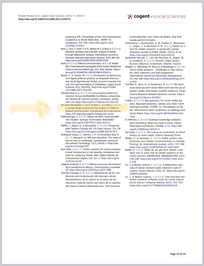 Tengo una nueva a cita en el artículo académico ‘Meta-analysis of #PoliticalCommunication #research on #Twitter: Methodological trends’ en la revista científica ‘Cogent Social Sciences’ editada por la prestigiosa Taylor & Francis 👉 doi.org/10.1080/233118…