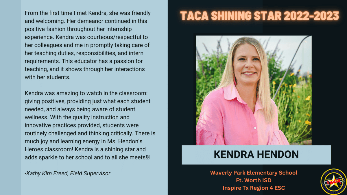 For #TeacherAppreciationWeek we asked the Alternative Certification Programs throughout Texas to nominate their Shining Star Interns. Celebrating Kendra Hendon <a href="/FortWorthISD/">Fort Worth Independent School District</a> for her excellence. Thank you for joining the teaching profession. #TeacherAppreciationWeek <a href="/Region4ESC/">Region 4 ESC</a>