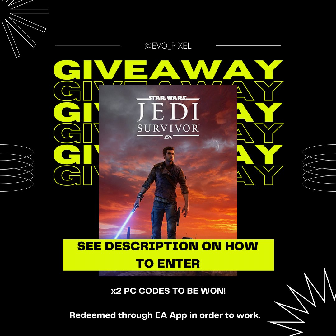 Evo_Pixel's tweet image. 🎉GIVEAWAY🎉

Thanks to @EAStarWars I’ve got 2 PC codes to give away to you lucky people!! To enter:

1️⃣ Follow on this Twitter page
2️⃣ Like &amp;amp; Retweet this post 
3️⃣ Comment your favourite Star Wars character

Winners to be announced on May 14th
Good luck!

#StarWarsJediSurvivor