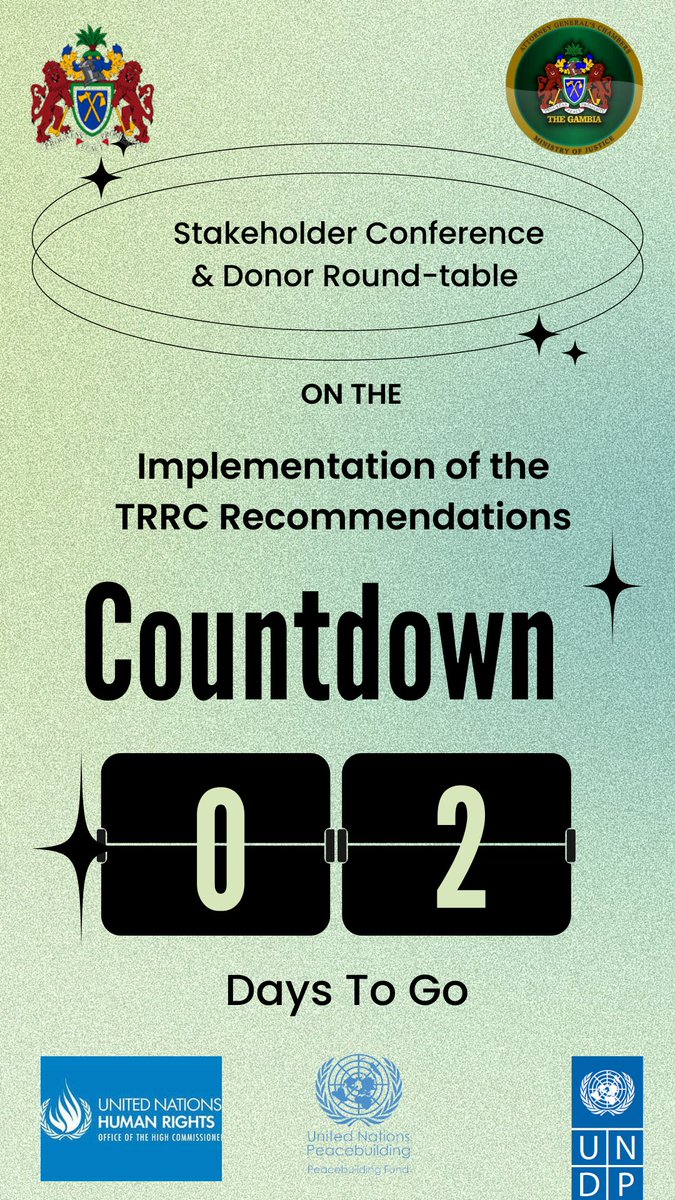 Gambia_MOJ's tweet photo. Join us for the Stakeholder Conference & Donor Roundtable on the Implementation of the #TRRC Recommendations, scheduled for this coming Friday & Saturday at Sir Dawda Kairaba Jawara International Conference Centre.
#Gambia
#Stakeholderconference https://t.co/xDbAePuzqj