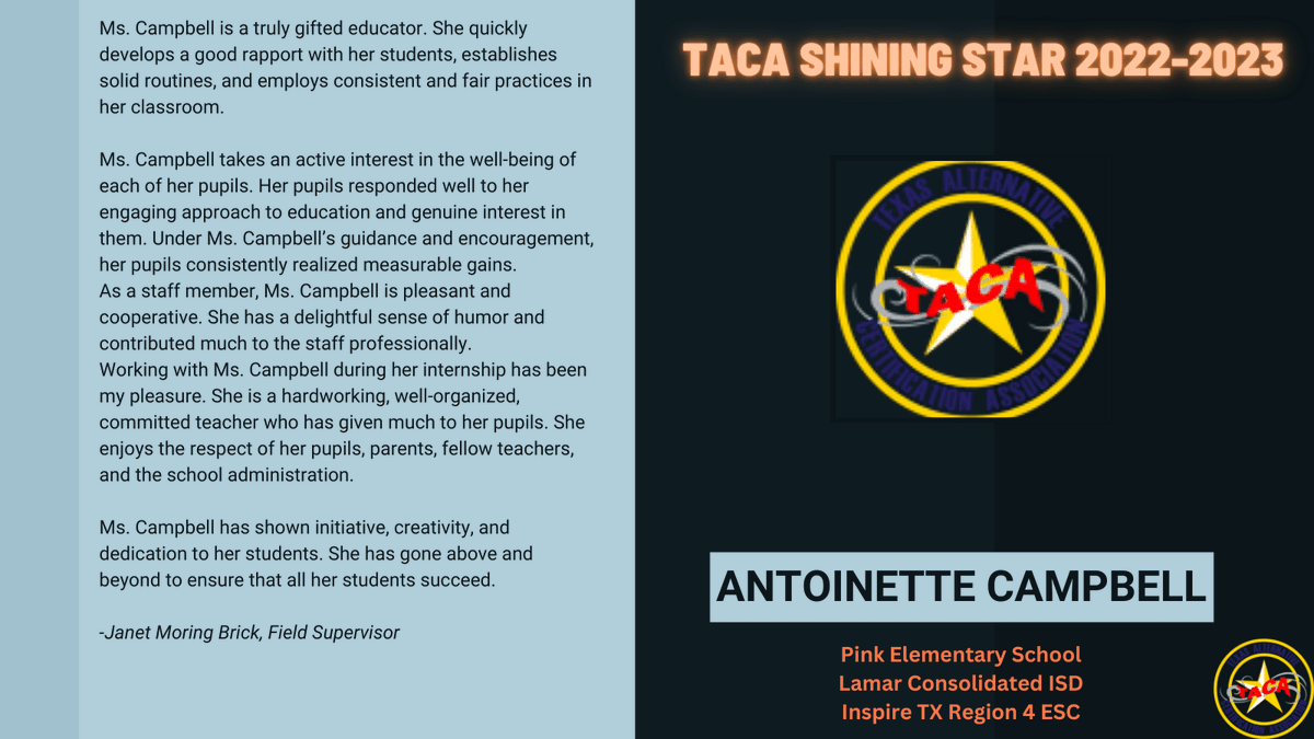 Here's to a Shining Star Intern from <a href="/LamarCISD/">Lamar CISD</a>. Antoinette Campbell, welcome to the teaching profession. We celebrate your hard work and dedication. #TeacherAppreciationWeek <a href="/Region4ESC/">Region 4 ESC</a> 
Read more about the interns recognized this year texastaca.org/2023-taca-shin…