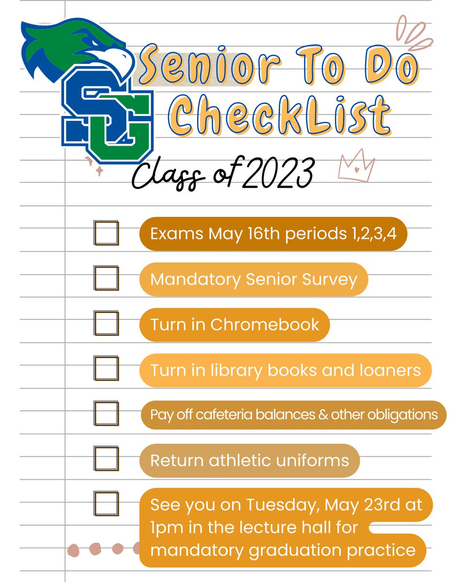 HawksSG's tweet image. #SGClassOf2023, time is winding down. Please make sure you are ready to graduate. Refer to the checklist and handle your business. @ChadHarrisonSG @fhansonic