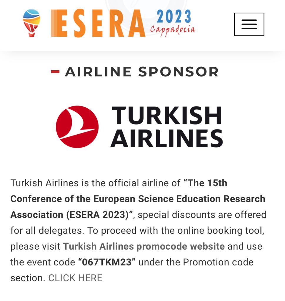 esera2023's tweet photo. AIRLINE SPONSOR

Turkish Airlines is the official airline of the ESERA 2023, special discounts are offered for all delegates.  Please visit following website and use the event code “067TKM23” under the Promotion code section.
https://t.co/UBcoNk2Xl1 https://t.co/c2Qcx9H520