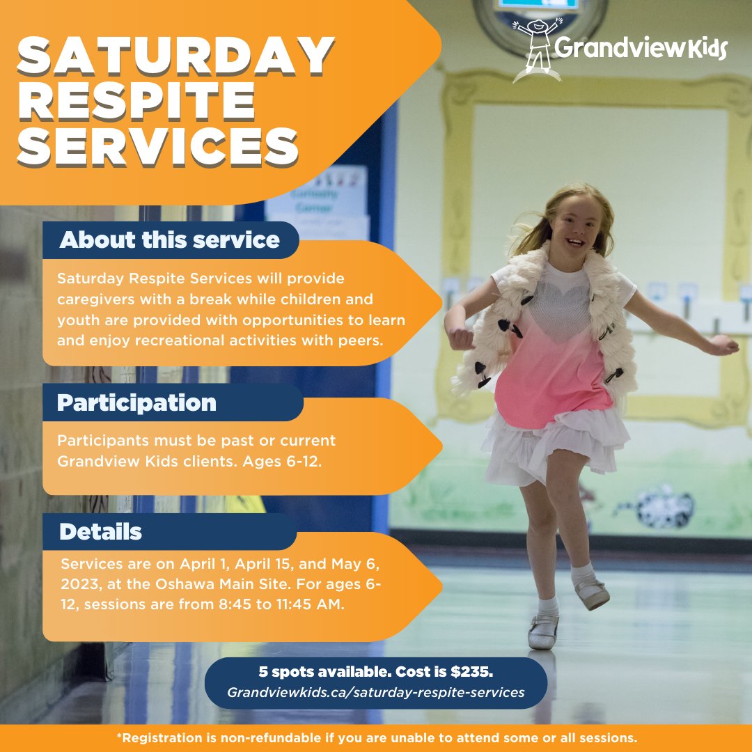 Saturday Respite Services will provide caregivers with a break while children and youth are provided with opportunities to learn and enjoy recreational activities with peers.

Dates: April 1, 15, and May 6
Ages 6-12 (8:45 AM-11:45 AM) – link to register bit.ly/3HRfv9f
