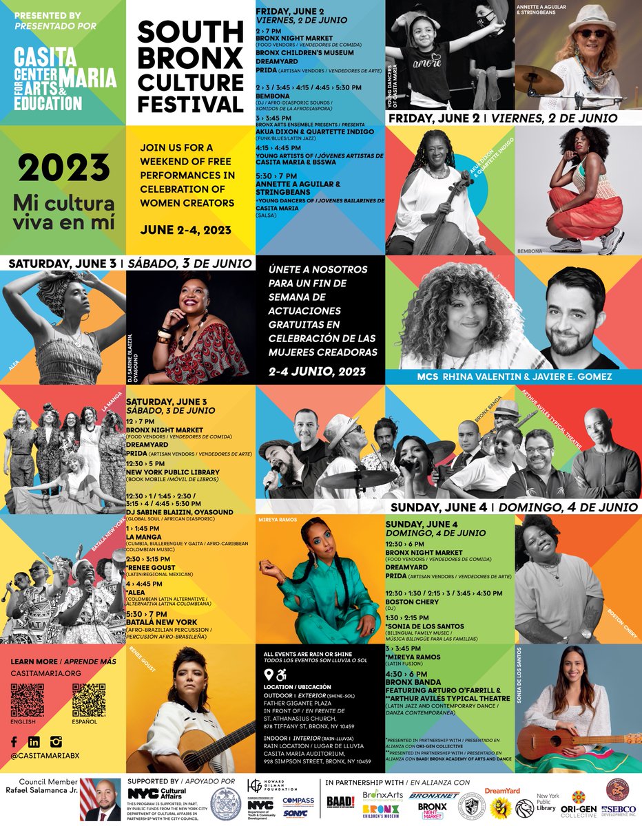 Mark your calendar! June 2, 3, 4 - I'll be co-MC'ing South Bronx Culture Festival 2023 w dear friend @RhinaValentin. 3 days of great outdoor music performances, local food and dancing in the street! Check out the lineup & start planning to join us. Presented by @casitamariabx.…