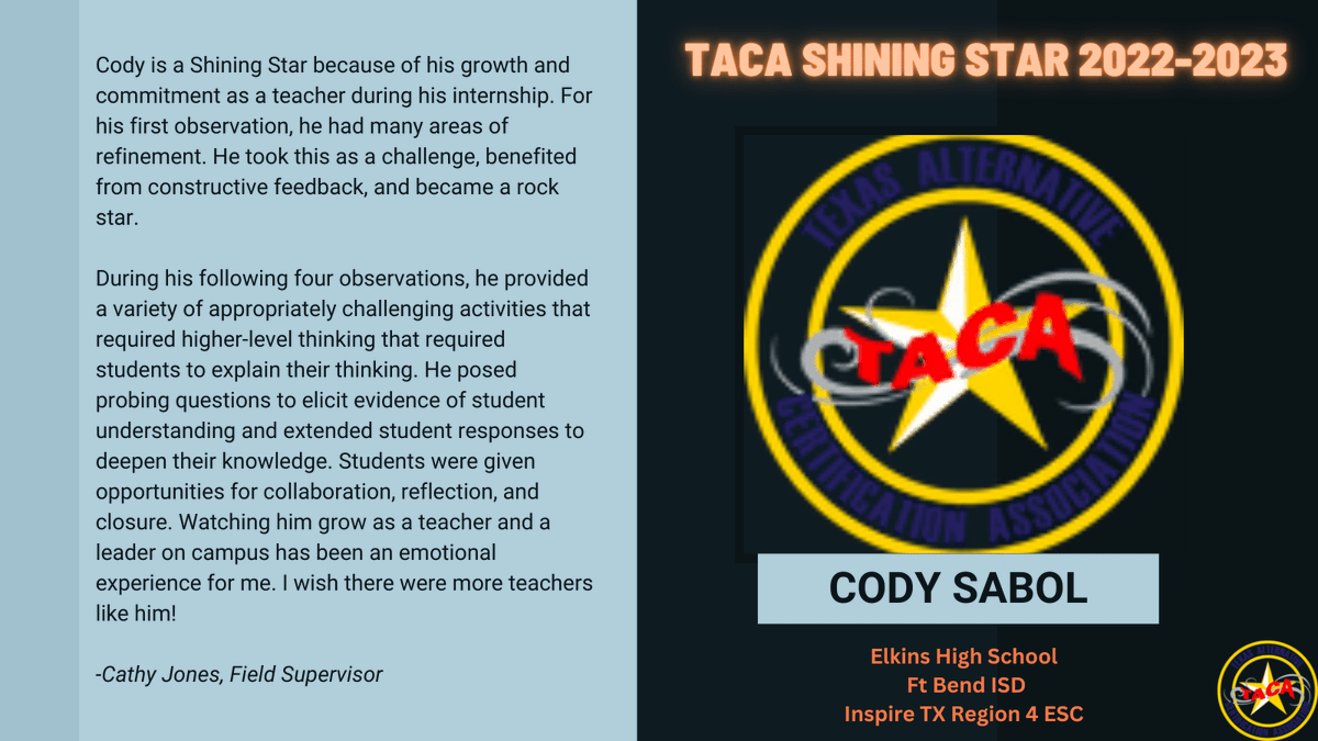 Celebrating Cody Sabol for his commitment to the teaching profession. Kudos from his field supervisor from <a href="/Region4ESC/">Region 4 ESC</a>. Thank you for joining the teaching profession. <a href="/FortBendISD/">Fort Bend ISD</a> 
#TeacherAppreciationWeek